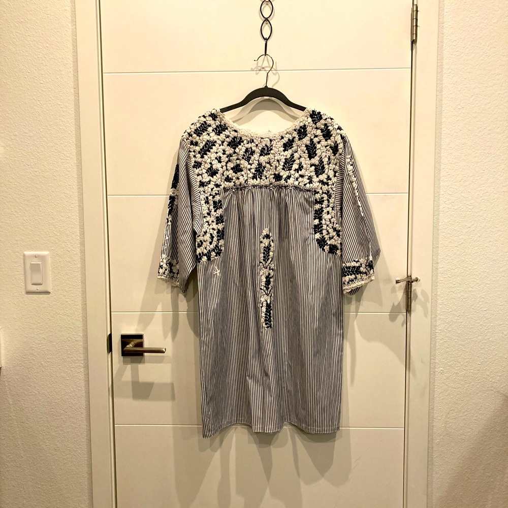 RARE Mi Golondrina 3/4 length sleeve shirt dress — navy & white stripe — B&W— S